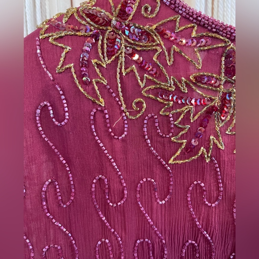 Vintage beaded, burgundy, long-sleeve cocktail sheer overlay dress - Picture 9 of 10